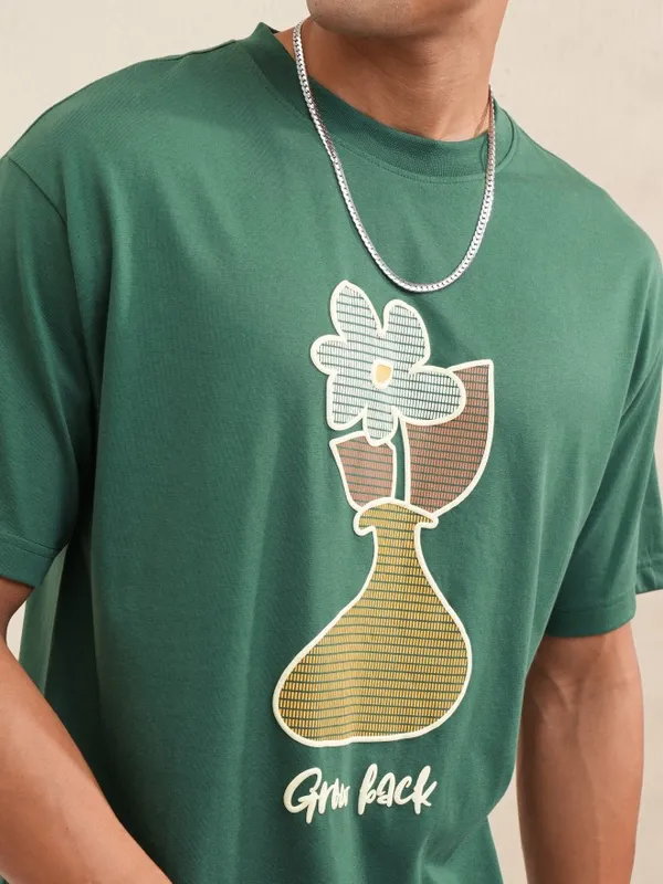 Locomotive Men Green Printed Round Neck Relaxed Fit T-Shirt