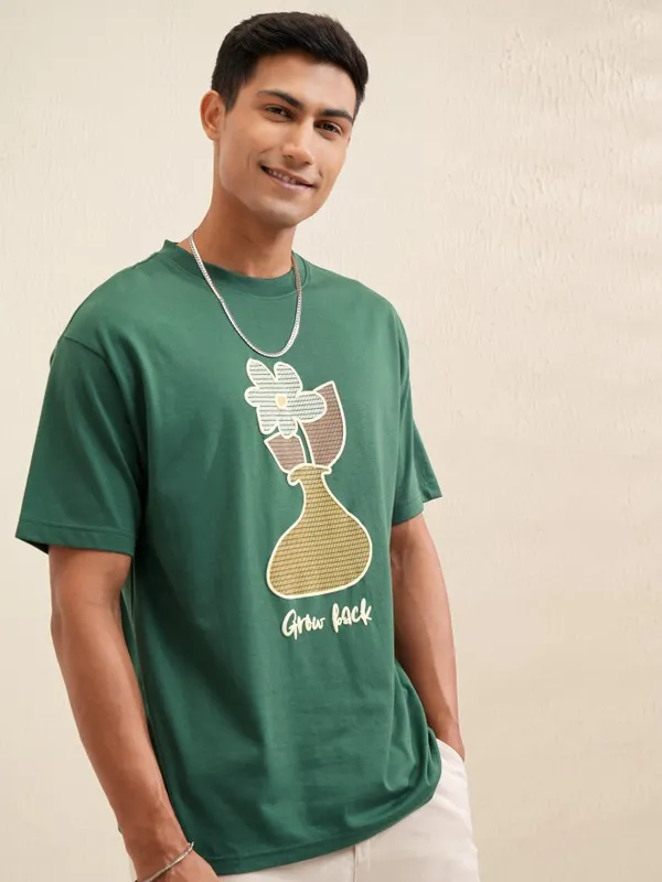 Locomotive Men Green Printed Round Neck Relaxed Fit T-Shirt