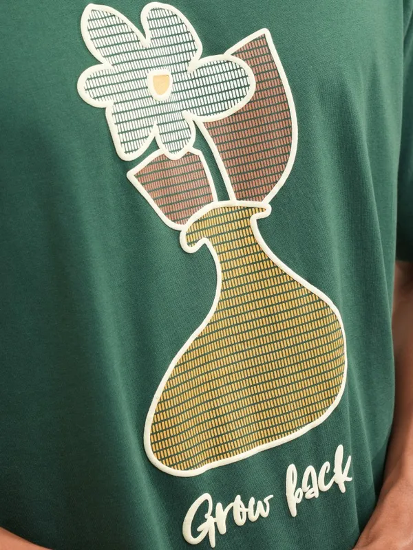 Locomotive Men Green Printed Round Neck Relaxed Fit T-Shirt