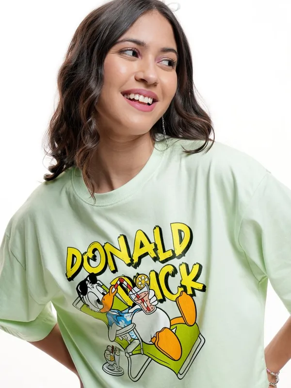 Disney By Tokyo Talkies Women Green Donald Duck Printed Round Neck T-Shirt