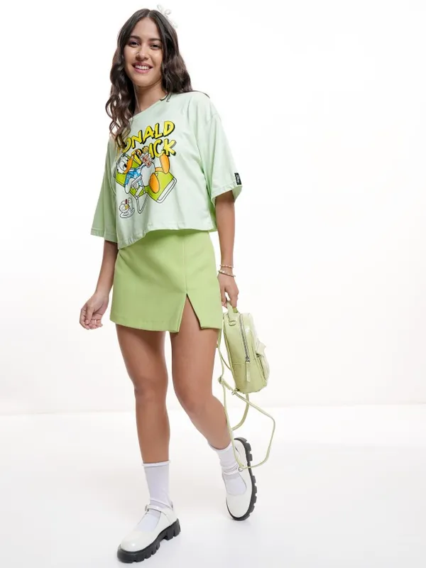 Disney By Tokyo Talkies Women Green Donald Duck Printed Round Neck T-Shirt