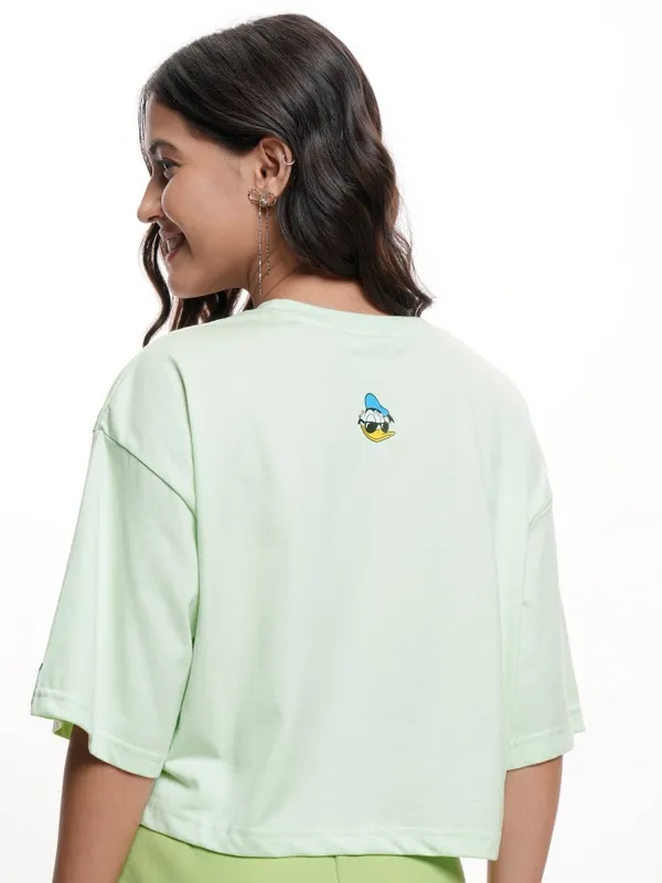 Disney By Tokyo Talkies Women Green Donald Duck Printed Round Neck T-Shirt
