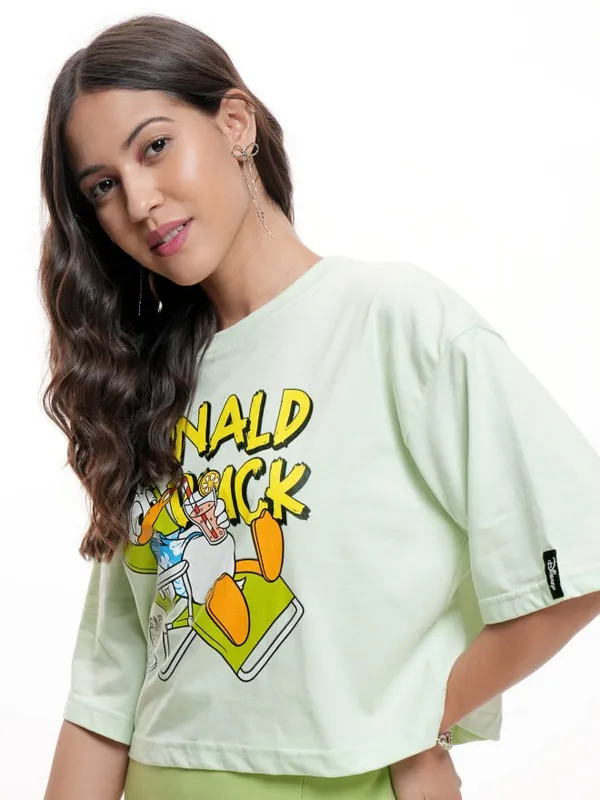Disney By Tokyo Talkies Women Green Donald Duck Printed Round Neck T-Shirt