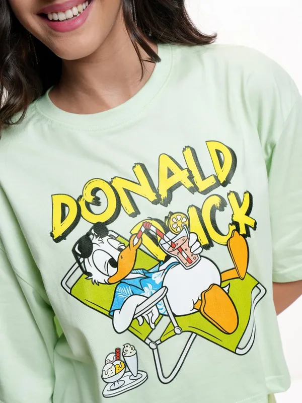 Disney By Tokyo Talkies Women Green Donald Duck Printed Round Neck T-Shirt
