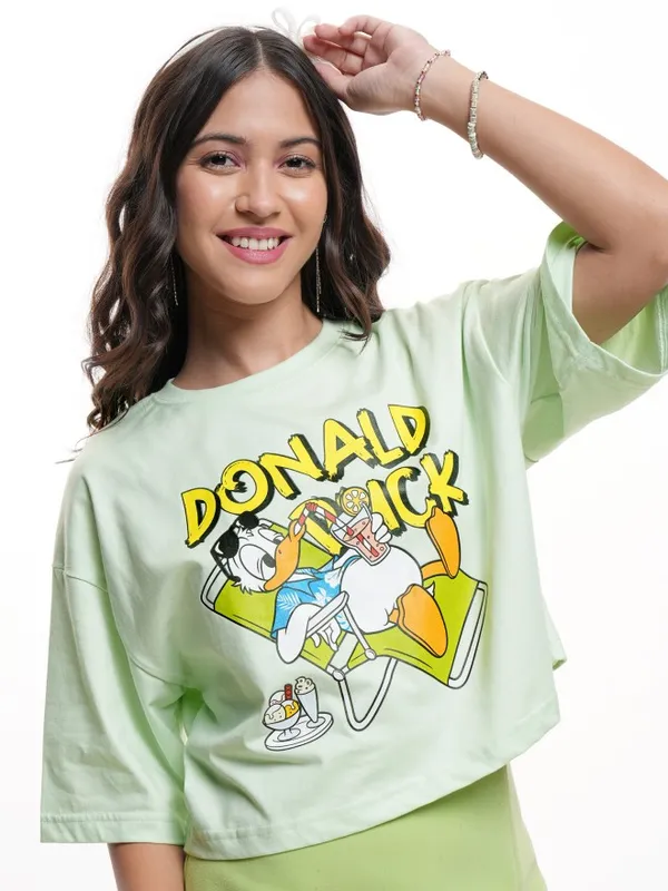 Disney By Tokyo Talkies Women Green Donald Duck Printed Round Neck T-Shirt