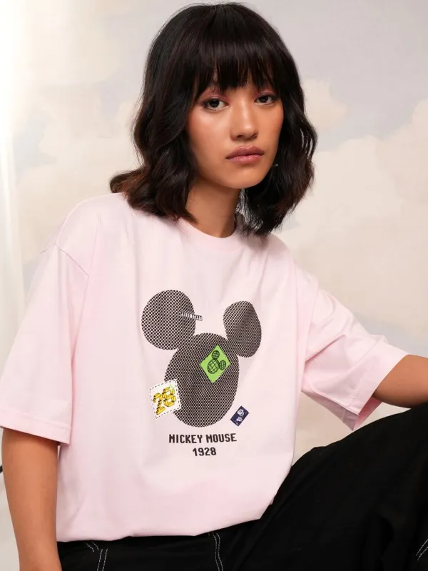 Disney By Tokyo Talkies Women Pink Mickey Mouse Printed Round Neck T-Shirt