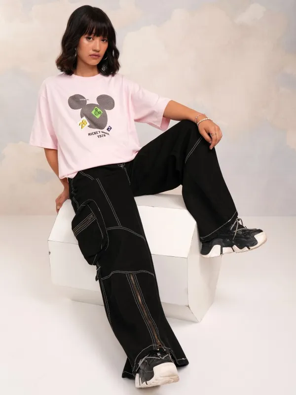 Disney By Tokyo Talkies Women Pink Mickey Mouse Printed Round Neck T-Shirt