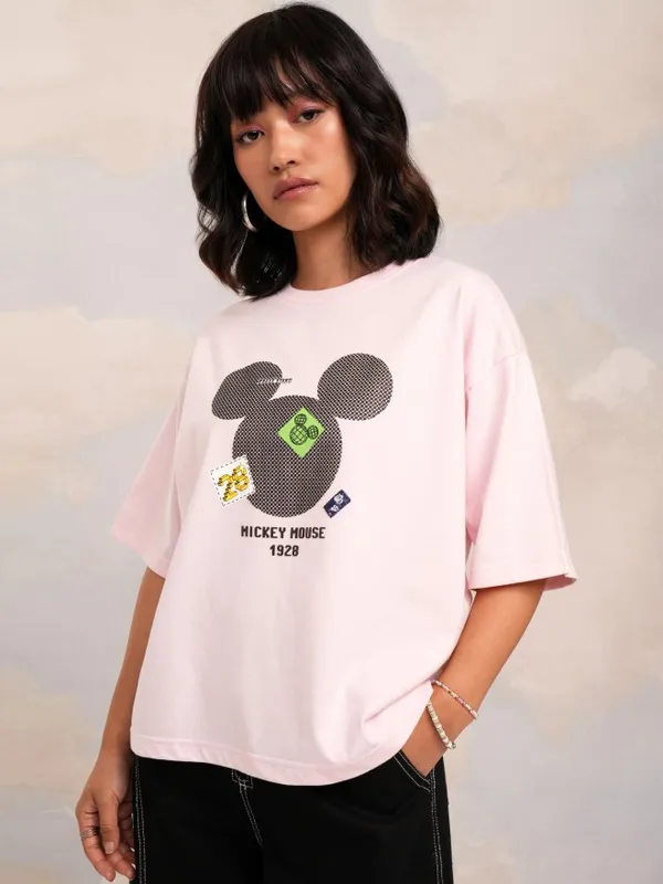 Disney By Tokyo Talkies Women Pink Mickey Mouse Printed Round Neck T-Shirt