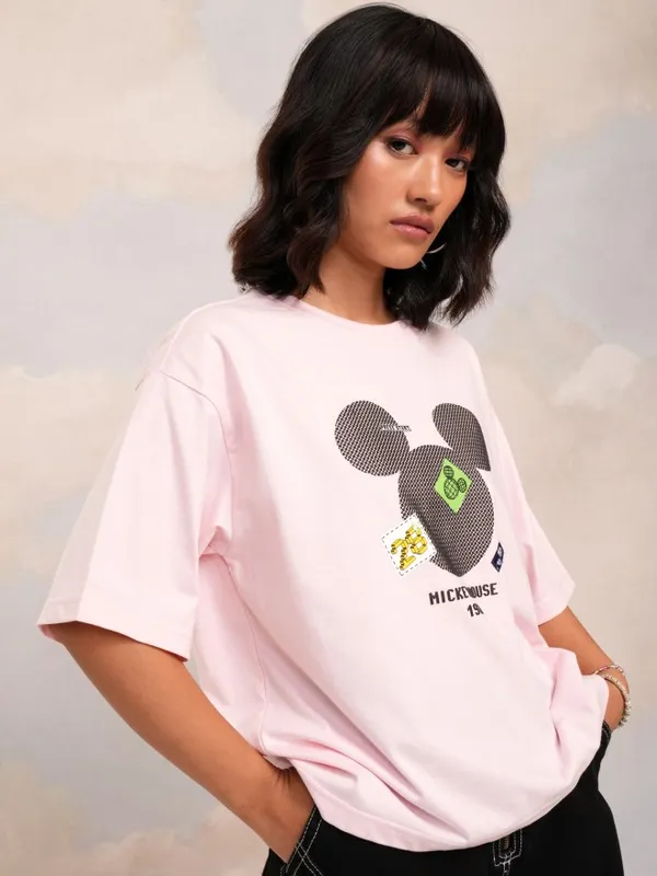 Disney By Tokyo Talkies Women Pink Mickey Mouse Printed Round Neck T-Shirt