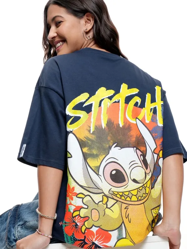 Disney By Tokyo Talkies Women Navy Blue Stitch Printed Round Neck T-Shirt