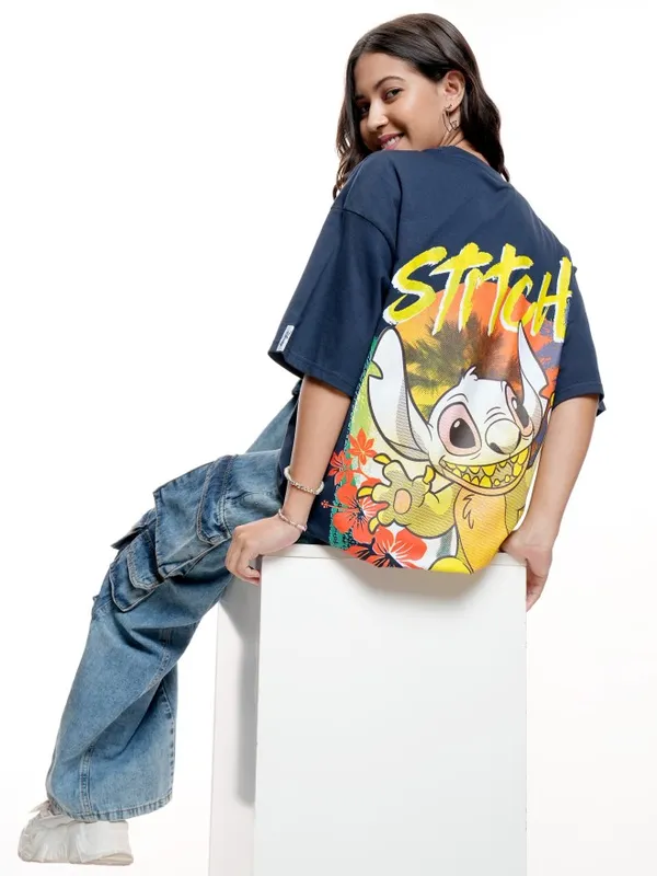 Disney By Tokyo Talkies Women Navy Blue Stitch Printed Round Neck T-Shirt