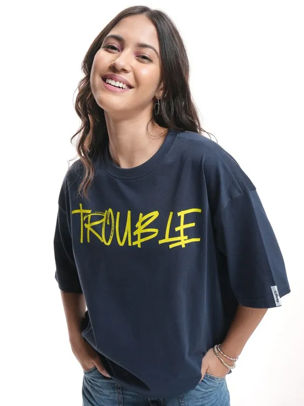 Disney By Tokyo Talkies Women Navy Blue Stitch Printed Round Neck T-Shirt