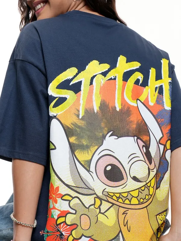 Disney By Tokyo Talkies Women Navy Blue Stitch Printed Round Neck T-Shirt