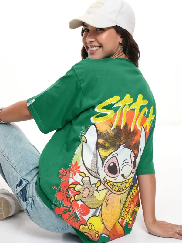 Disney By Tokyo Talkies Women Green Stitch Printed Round Neck T-Shirt