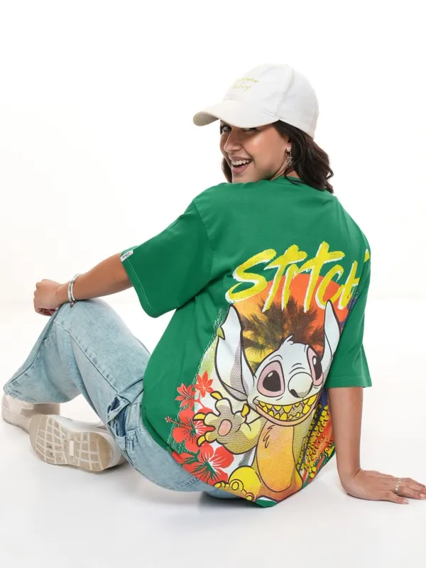 Disney By Tokyo Talkies Women Green Stitch Printed Round Neck T-Shirt