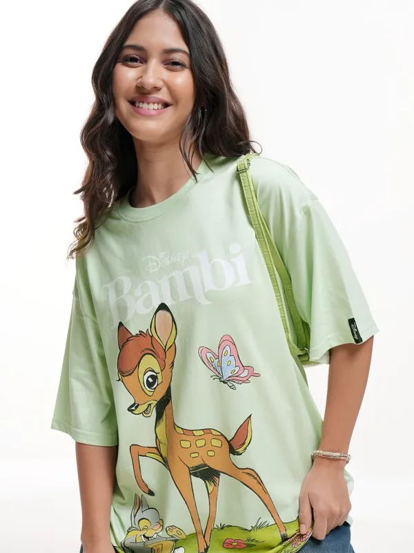Disney By Tokyo Talkies Women Green Bambi Printed Oversized Fit T-Shirt