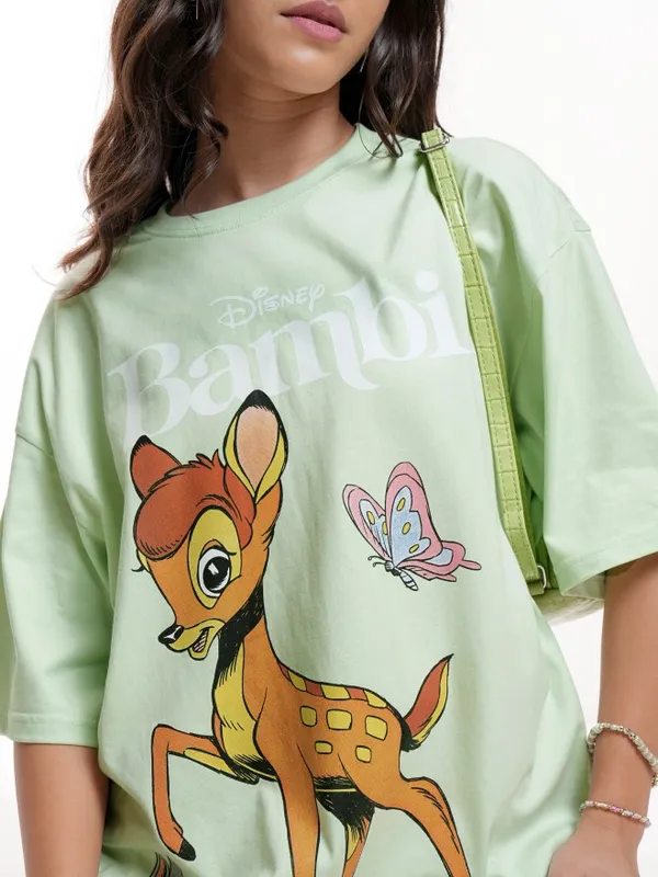 Disney By Tokyo Talkies Women Green Bambi Printed Oversized Fit T-Shirt