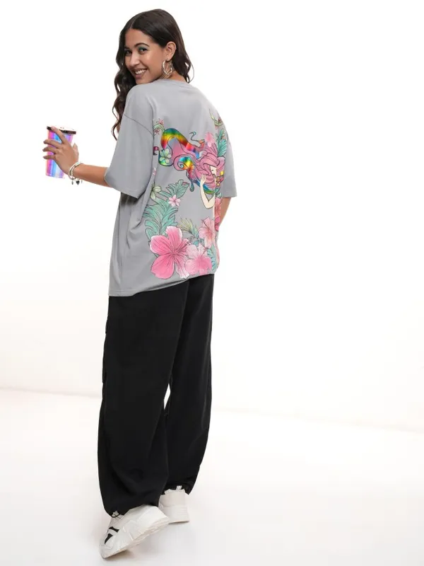 Disney By Tokyo Talkies Women Grey Little Mermaid Glitter Printed Oversized Fit T-Shirt