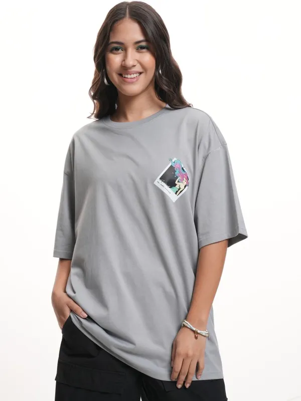Disney By Tokyo Talkies Women Grey Little Mermaid Glitter Printed Oversized Fit T-Shirt