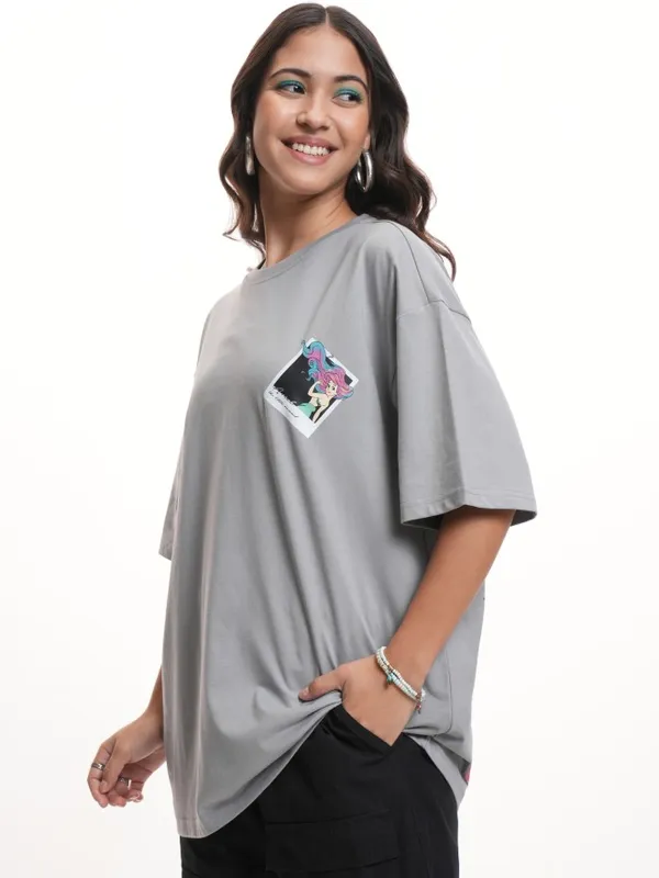 Disney By Tokyo Talkies Women Grey Little Mermaid Glitter Printed Oversized Fit T-Shirt