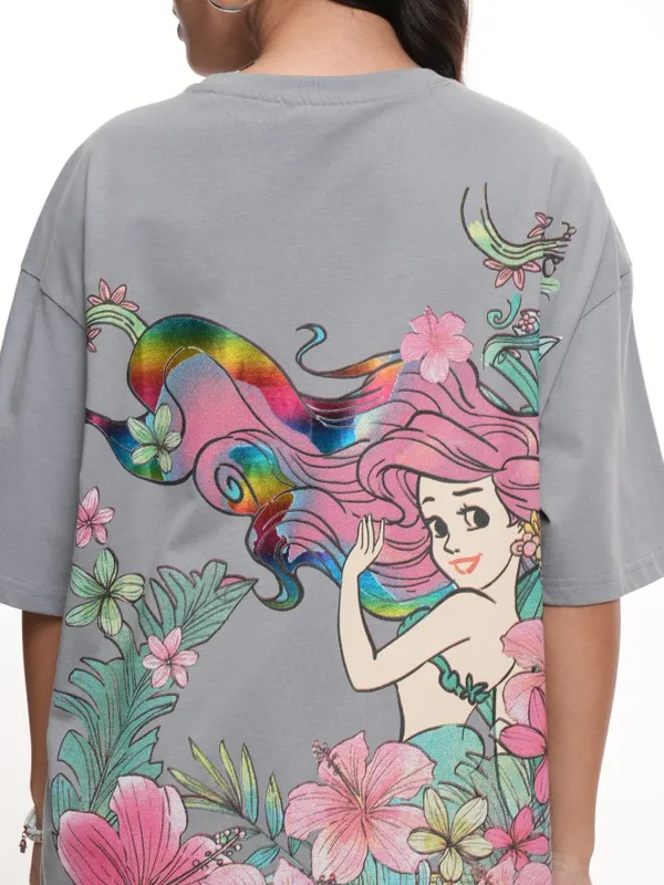 Disney By Tokyo Talkies Women Grey Little Mermaid Glitter Printed Oversized Fit T-Shirt