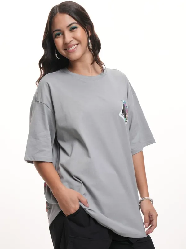Disney By Tokyo Talkies Women Grey Little Mermaid Glitter Printed Oversized Fit T-Shirt