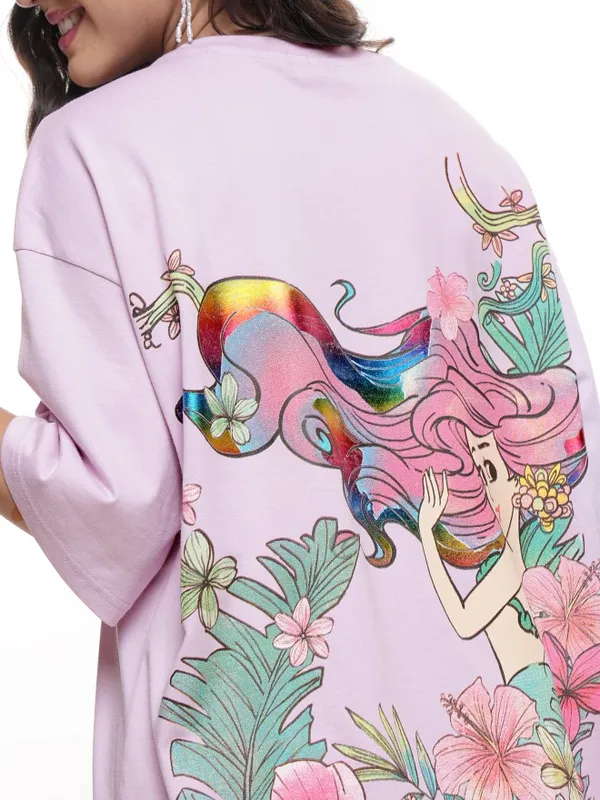 Disney By Tokyo Talkies Women Lavender Mermaid Printed Round Neck T-Shirt