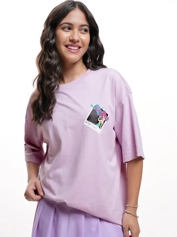 Disney By Tokyo Talkies Women Lavender Mermaid Glitter Printed Oversized Fit T-Shirt