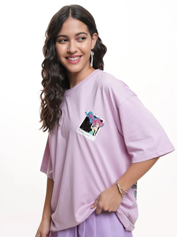 Disney By Tokyo Talkies Women Lavender Mermaid Glitter Printed Oversized Fit T-Shirt