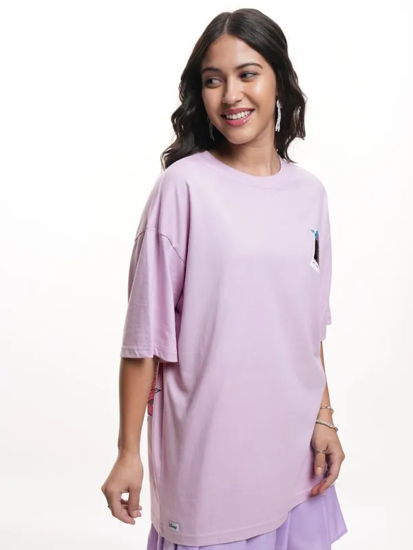 Disney By Tokyo Talkies Women Lavender Mermaid Glitter Printed Oversized Fit T-Shirt