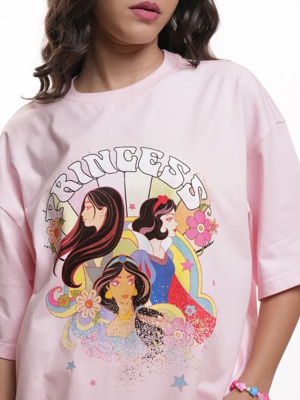 Disney By Tokyo Talkies Women Pink Disney Princess Printed Round Neck T-Shirt