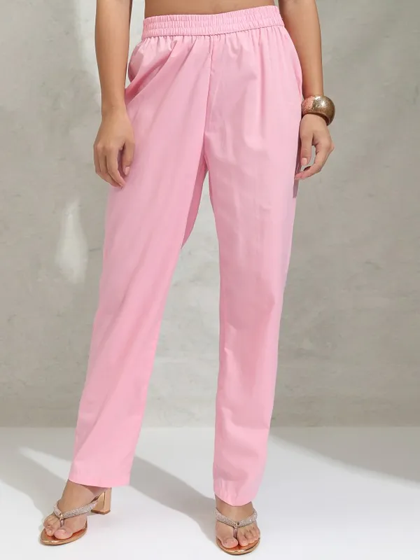 Vishudh Women Pink Solid Regular Round Neck Kurta With Neck Patch Three Quarter Sleeves And Slim Pants 