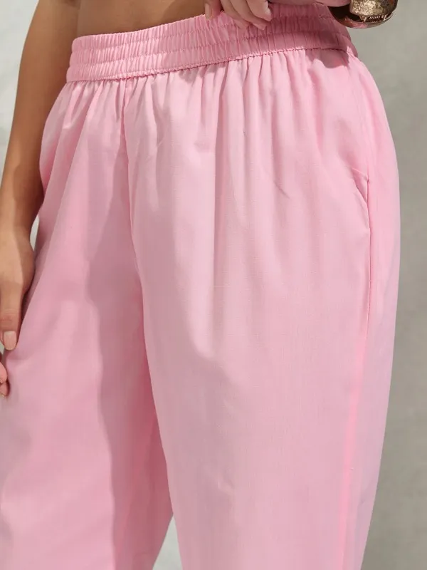 Vishudh Women Pink Solid Regular Round Neck Kurta With Neck Patch Three Quarter Sleeves And Slim Pants 