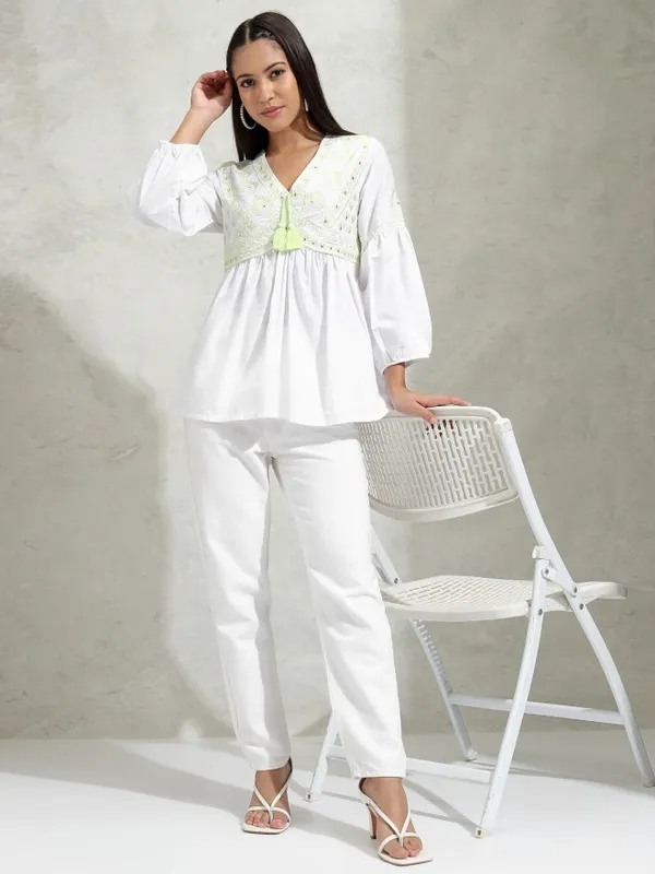 Vishudh Women White Embroidered A-Line Top