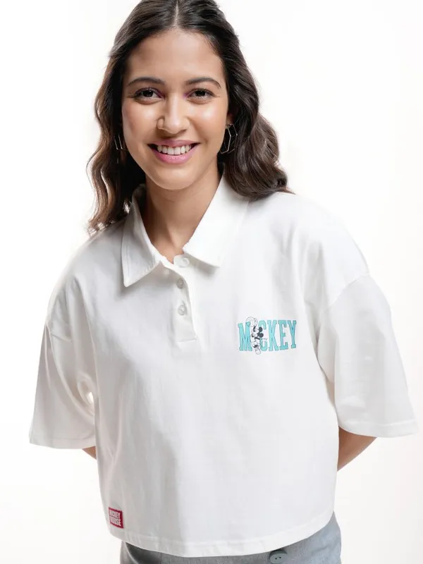 Disney By Tokyo Talkies Women White Mickey Mouse Polo Collar T-Shirt