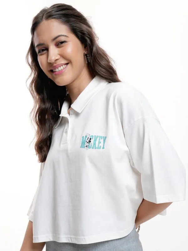 Disney By Tokyo Talkies Women White Mickey Mouse Polo Collar T-Shirt