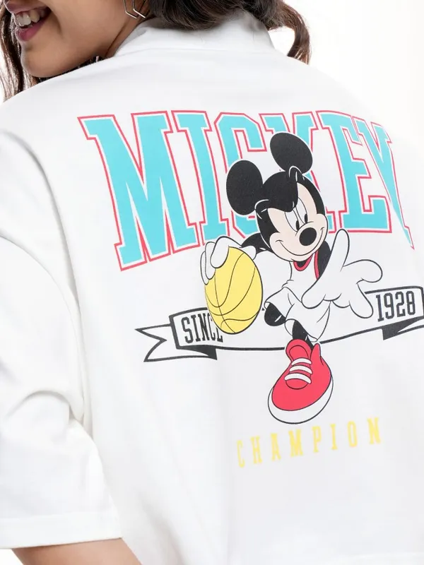 Disney By Tokyo Talkies Women White Mickey Mouse Polo Collar T-Shirt