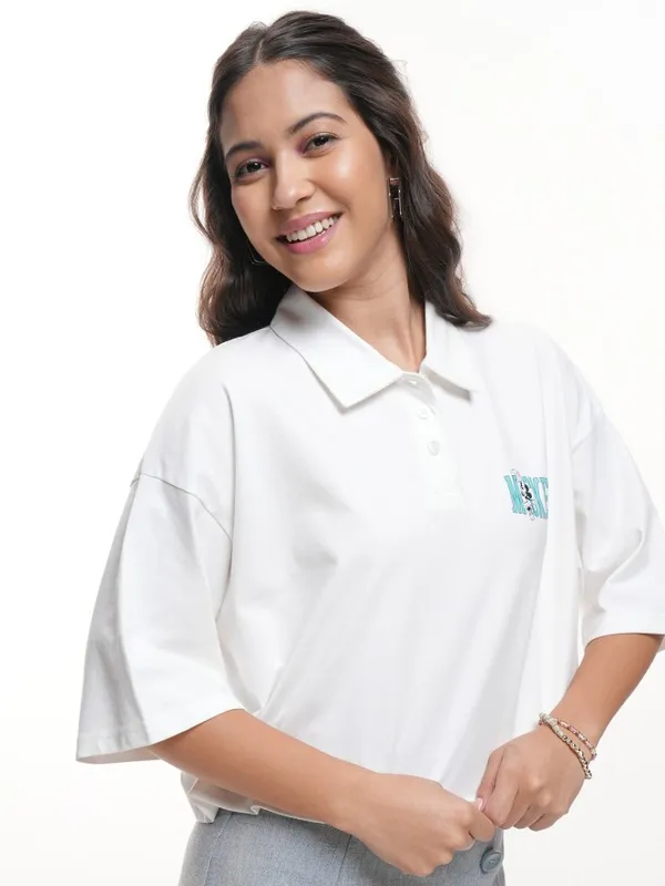Disney By Tokyo Talkies Women White Mickey Mouse Polo Collar T-Shirt