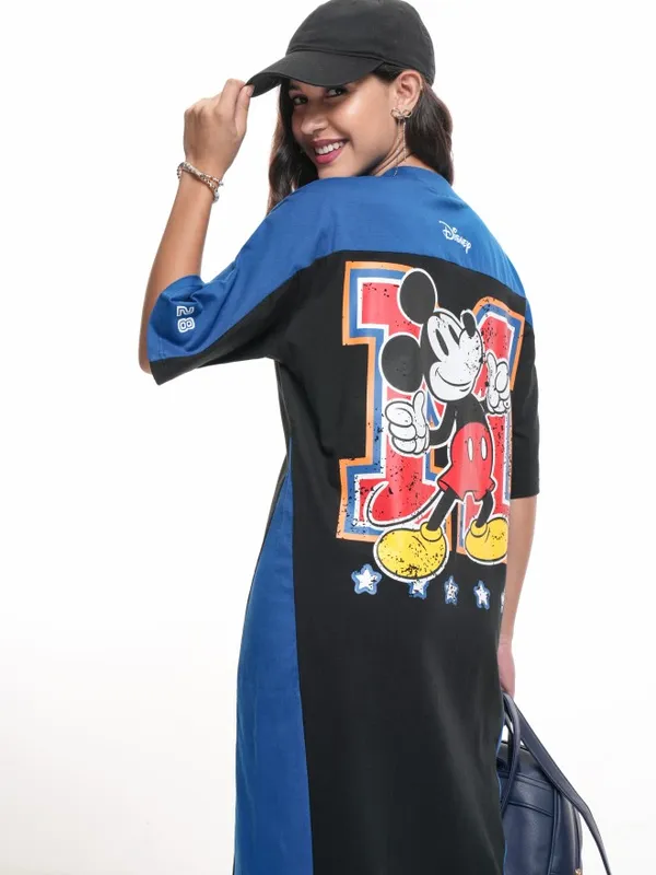 Disney By Tokyo Talkies Women Blue Mickey Mouse Printed T-Shirt Dress