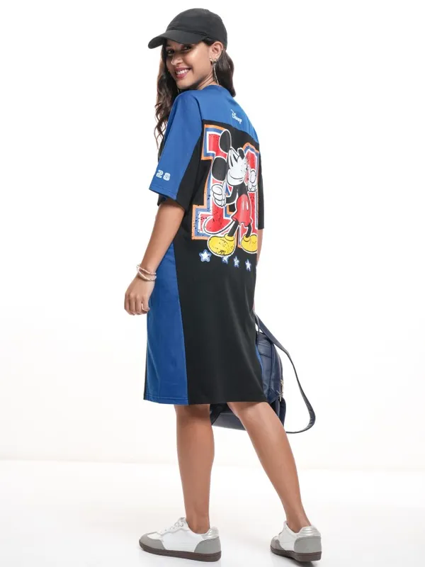 Disney By Tokyo Talkies Women Blue Mickey Mouse Printed T-Shirt Dress