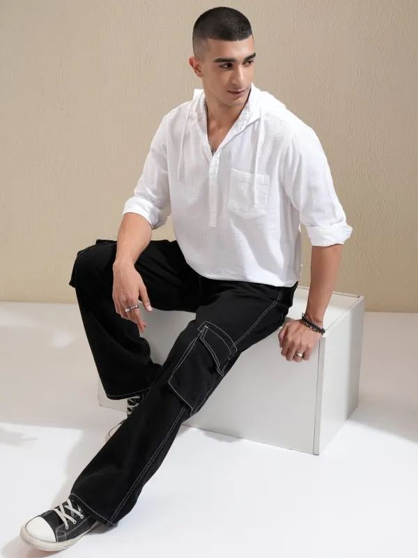 Highlander Men White Textured Relaxed Fit Casual Shirt