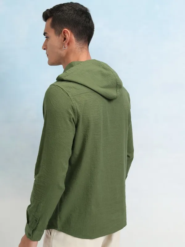 Highlander Men Olive Textured Relaxed Fit Hoodie Casual Shirt