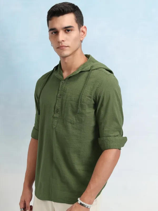 Highlander Men Olive Textured Relaxed Fit Hoodie Casual Shirt