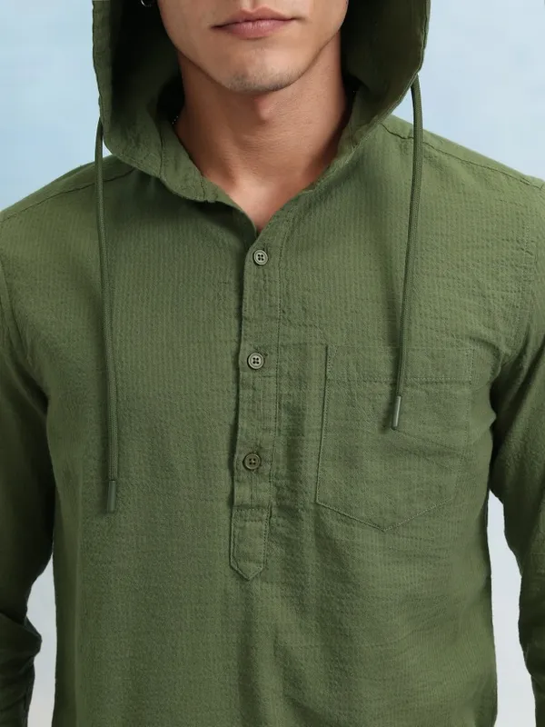 Highlander Men Olive Textured Relaxed Fit Hoodie Casual Shirt