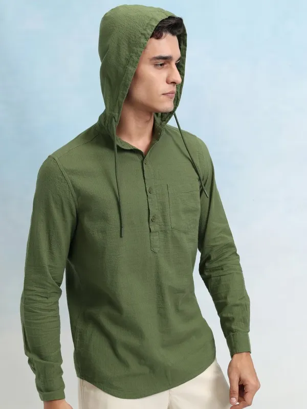 Highlander Men Olive Textured Relaxed Fit Hoodie Casual Shirt