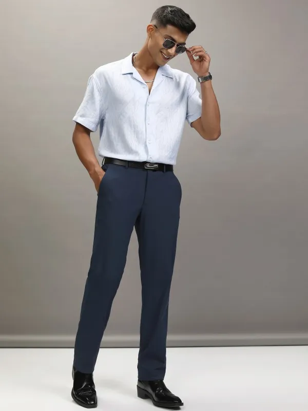 Locomotive Men Blue Self Design Relaxed Fit Casual Shirt