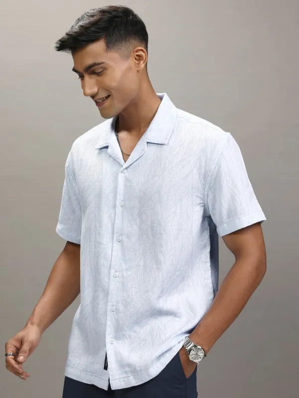 Locomotive Men Blue Self Design Relaxed Fit Casual Shirt