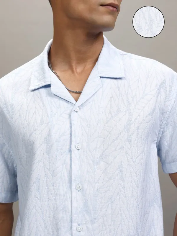 Locomotive Men Blue Self Design Relaxed Fit Casual Shirt