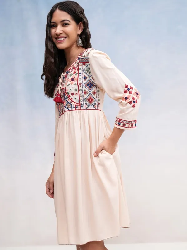 Vishudh Women Beige Embroidered A-Line Dress