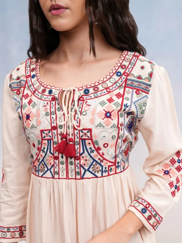 Vishudh Women Beige Embroidered A-Line Dress